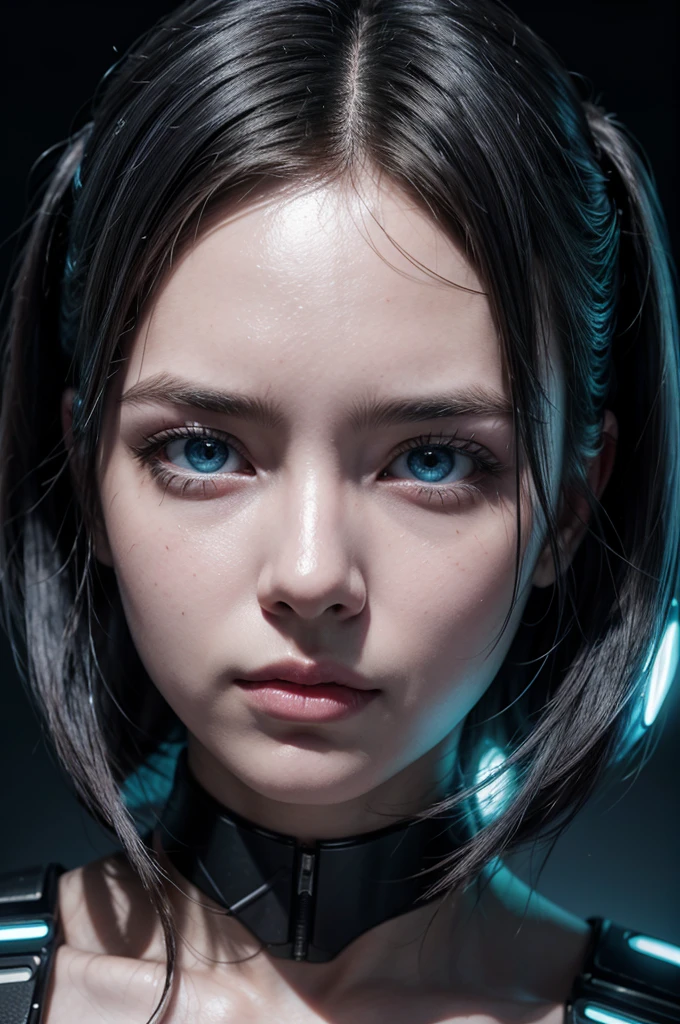 A woman with intense, styled blue hair, perhaps with neon streaks. Her expression is serious and determined, with one half of her face appearing cybernetic. She has bright pink glowing eyes, with the cybernetic eye having a more intense glow, suggesting advanced technological implants. She is looking directly at the screen, establishing an intense connection with the observer.

Her skin has a pale tone on the human side, while the cybernetic side features metallic and synthetic components. There is a vibrant neon reflection on her face, adding to the futuristic atmosphere. The neon light highlights her features and enhances the cyberpunk aesthetic.