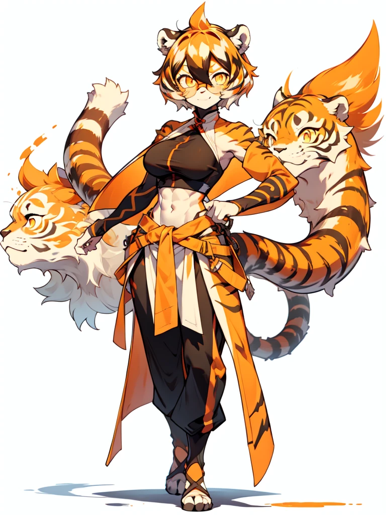 white background, full body,1girl，solo, Standing, animal ears, white hair, black hair, short hair, large breasts, Abdominal muscles,, tail, orange eyes, orange hair, multicolored hair, tiger girl, hair between eyes, tiger_ears, tiger_tail, orange-tinted_eyewear, tinted_eyewear, big breasts, evil smile, Shadows under feet,  (((fucker outfit:1.2))),