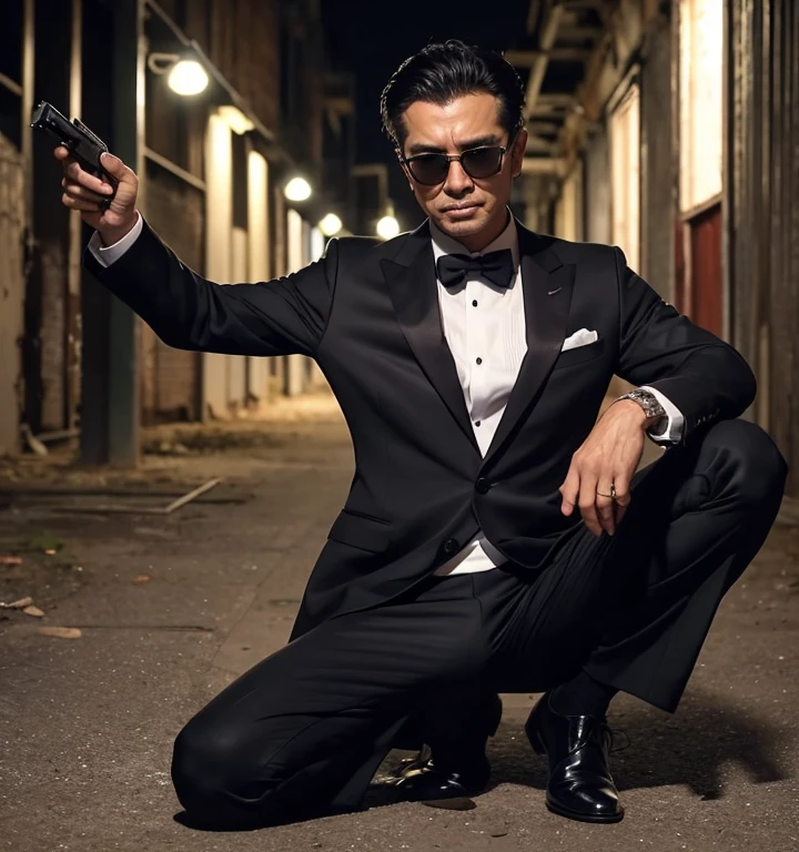 50 years old,One Man,Black Suit,Abandoned factory at night、mafia、hunched over、Spread your legs、Hold a gun,Open your legs more,logic,Gay ,7:3 parting / all back,Stubble,Black sunglasses,Asian Faces,Masculine,The groin area swells、Erotic ,looking at the camera