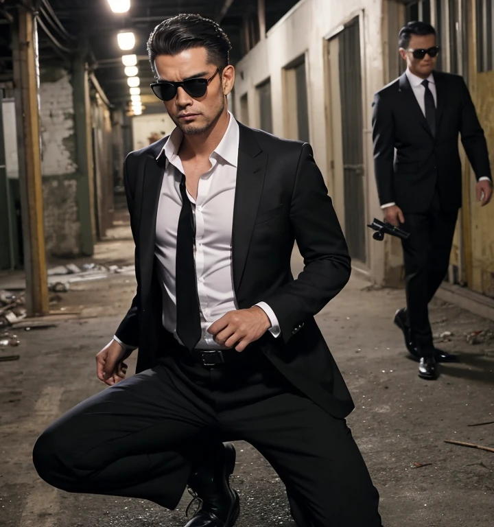 50 years old,One Man,Black Suit,Abandoned factory at night、mafia、hunched over、Spread your legs、Hold a gun,Open your legs more,logic,Gay ,7:3 parting / all back,Stubble,Black sunglasses,Asian Faces,Masculine,The groin area swells、Erotic ,looking at the camera
