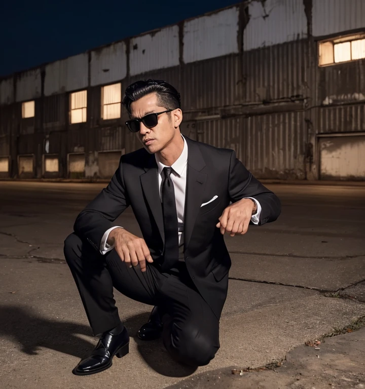 50 years old,One Man,Black Suit,Abandoned factory at night、mafia、hunched over、Spread your legs、Hold a gun,Open your legs more,logic,Gay ,7:3 parting / all back,Stubble,Black sunglasses,Asian Faces,Masculine,The  area swells、Erotic ,looking at the camera