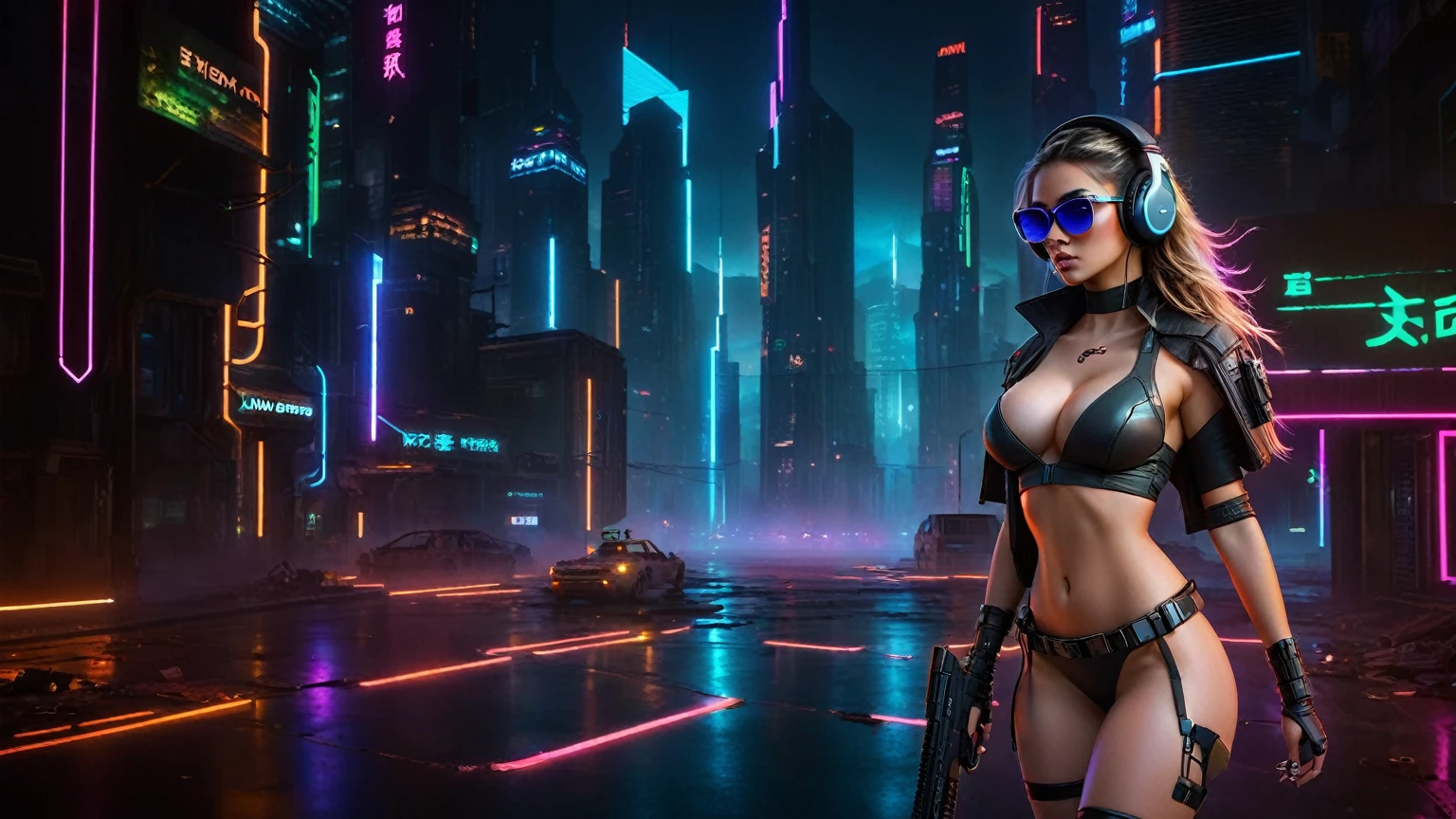 dark futuristic landscape, at night, neon lights, Atmospheric fog, large buildings in the background, futuristic city, streets with open shops, skyscraper (postapocalyptic city:1.3). (((1girl, solo, alone))), large-breast:1.2 slim body, cleavage:1.1, sexy miniskirt, (((headphone, black sunglasses, standing and holding pistol pose))), (((half-body thigh level medium shot))), cinematic lighting, lens flare, ray tracing.