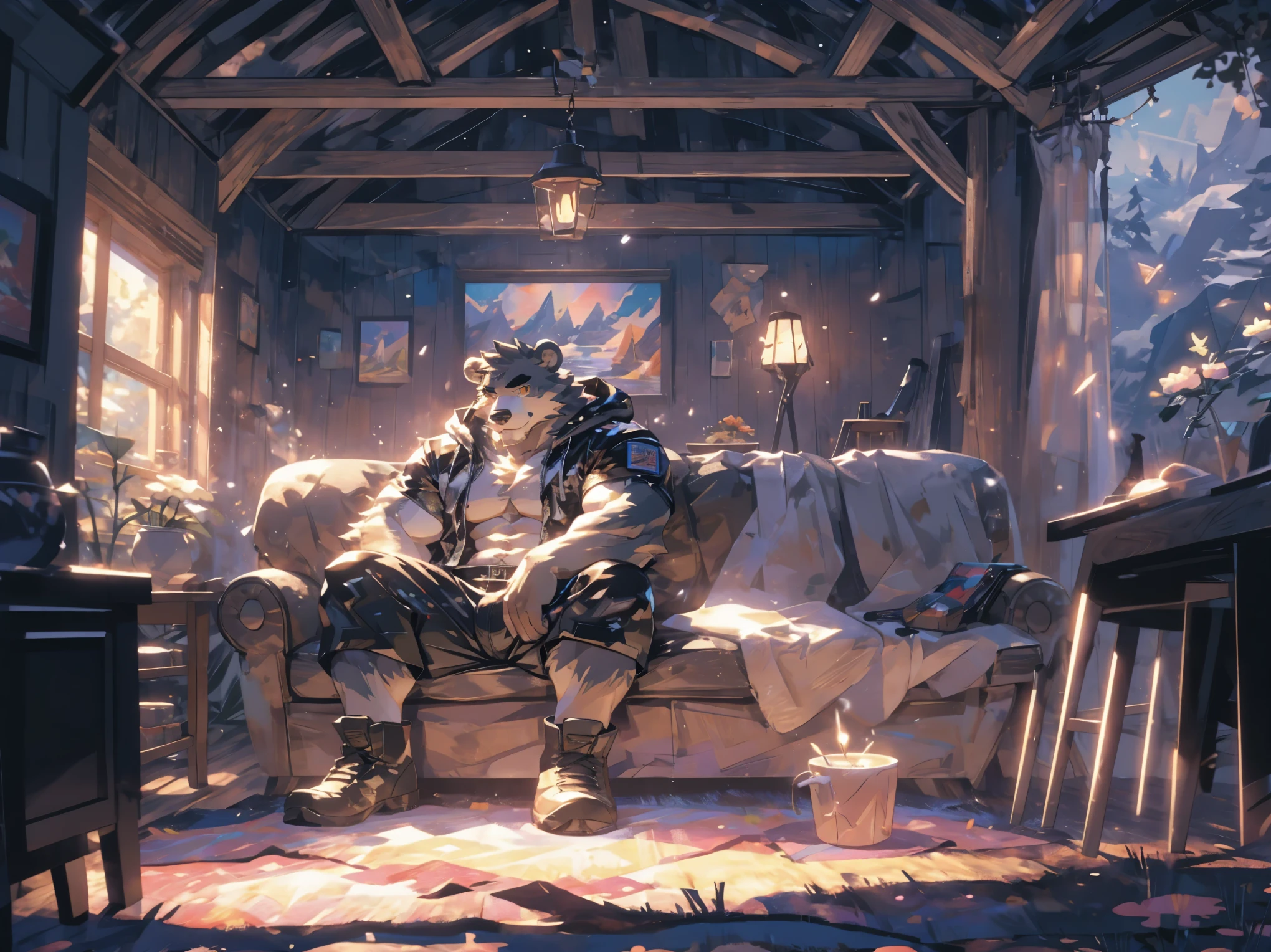 (masterpiece:1.2), best quality,pixiv,official art,perfect anatomy, (Ray tracing, light),solo, (1_male:1.3) , (muscle), (grey fur:1.4), (muscle bear), (beard:1.2), (gleaming golden eyes), bear tail, full body, Thick black eyebrows,(open hooded parka), (naked inside), (cargo shorts:1.2), boots, indoor, cabin , carpet , sitting on sofa , (lake land:1.3)