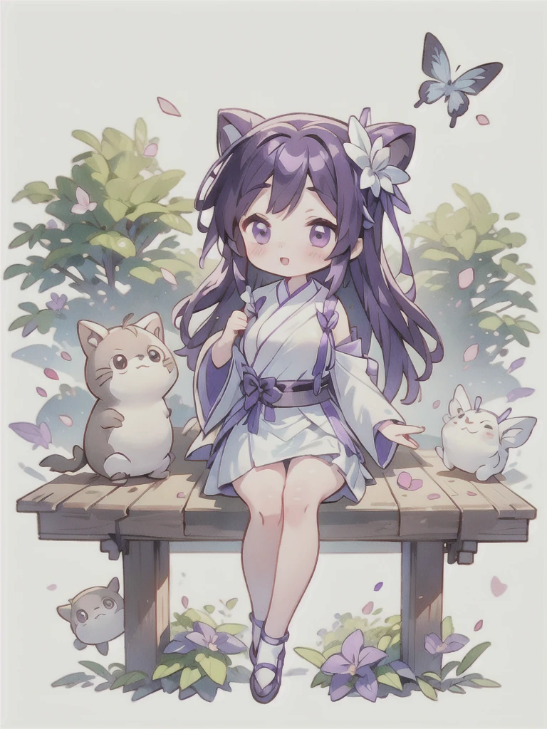 best quality, Cute light-skinned baby chibi anime, Long purple hair,Shouhui,cute,Purple Eyes, Butterfly hair accessory on the right,White Hanfu,full body,((独奏)),Long skirt,big breast,Bare legs,White background,Falling petals,My Neighbor Totoro,My Neighbor Totoro Style, Kawaii Design,(((many friends))),more than 10 friends,Bright colors