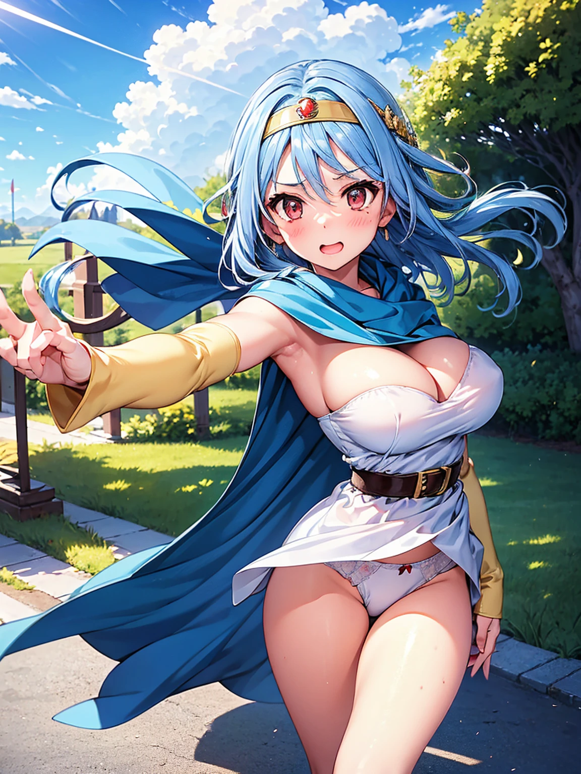 (A woman is using magic, Windでスカートがめくれている, White panties:1:3), Beautiful Anime Woman, Beautiful art style, Anime characters, ((Smooth texture, Realistic texture, アニメCGWind)), ((Highest quality)), (Very detailed), (Very detailed CG 統合 8k 壁紙), Very detailed, High-resolution RAW color photos, Professional photography, masterpiece, Highest quality, beautiful and big breasts, Slender body, (Stunningly beautiful woman), (Detailed face:1.2), (Blue Hair, White Dress, belt,White mini skirt, Red eyes, Yellow Circlet, Yellow Globe, Yellow Boots Cleavage, Blue Cape), Outdoor, nature, Wind, Perfect lighting, Perfect Shadow, Exact number of arms, Exact number of legs, Perfect Anatomy, Exact finger count、Exact number of legs、(Exact number of arms:1.0, Exact number of hands:1.0), (Perfect hands, Perfect Anatomy), (Also々Cute Smile), Angle from the front, Dragon Quest, wise