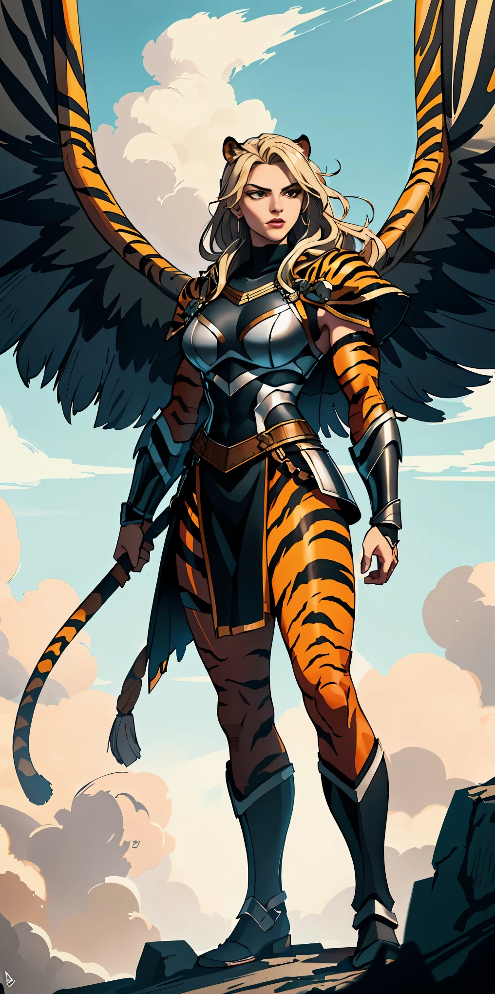 1 Girl (implying one person, likely female)
Full Body: Standing with perfect symmetry
Muscular Build: Strong and defined physique
Turned Arms: Muscular arms positioned behind her back
Theme:
Epic Fantasy: Set in a fantastical world
Asgard: Inspired by Norse mythology (can be subtle or more prominent)
Valkyrie/Lady Knight: Combining elements of a fierce warrior and noble protector
A motif incorporated into her armor, clothing, or environment (tiger stripes, or a tiger pelt cloak)
Visual Style:
Hyper Realistic: Incredibly lifelike detail
Masterpiece: Exceptional quality
8K Resolution: Sharp and high definition
Detailed Drawing: Intricate and richly textured
Superior Quality: The best possible rendering
Epic Composition: Dramatic and visually stunning