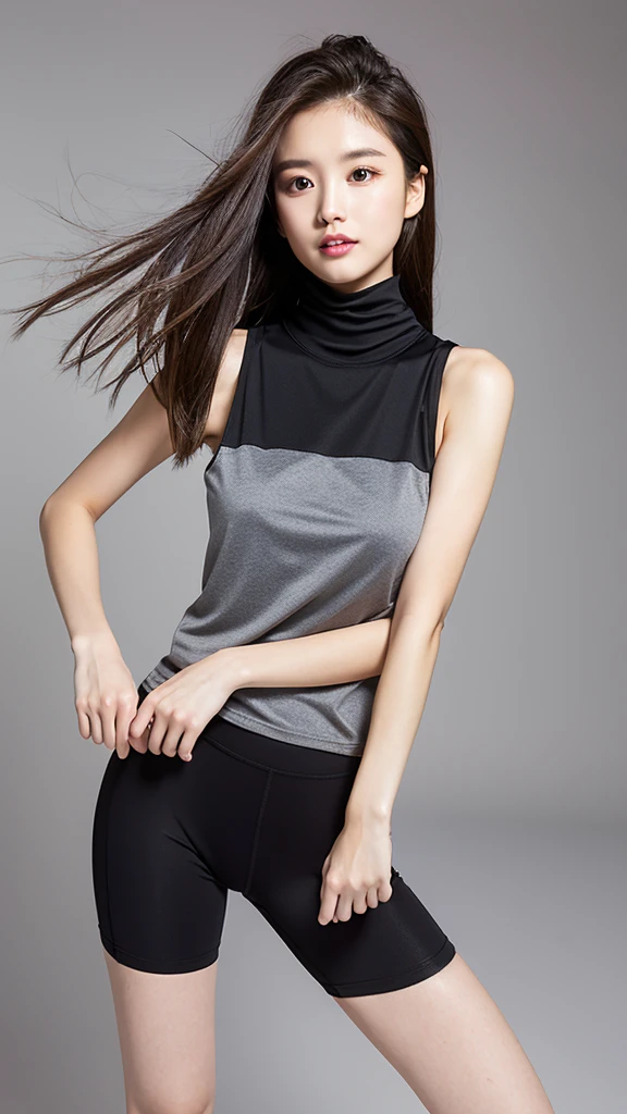 vivid,Normal chest,((between legs)),cute,(Detailed face),Dancing,Sharp Eyes,Turtleneck sleeveless sporty lightweight(Grey plastic)Clothes,Ultra-high resolution,（Photorealistic：1.7）,Black long hair,Gray background,Spotlight,