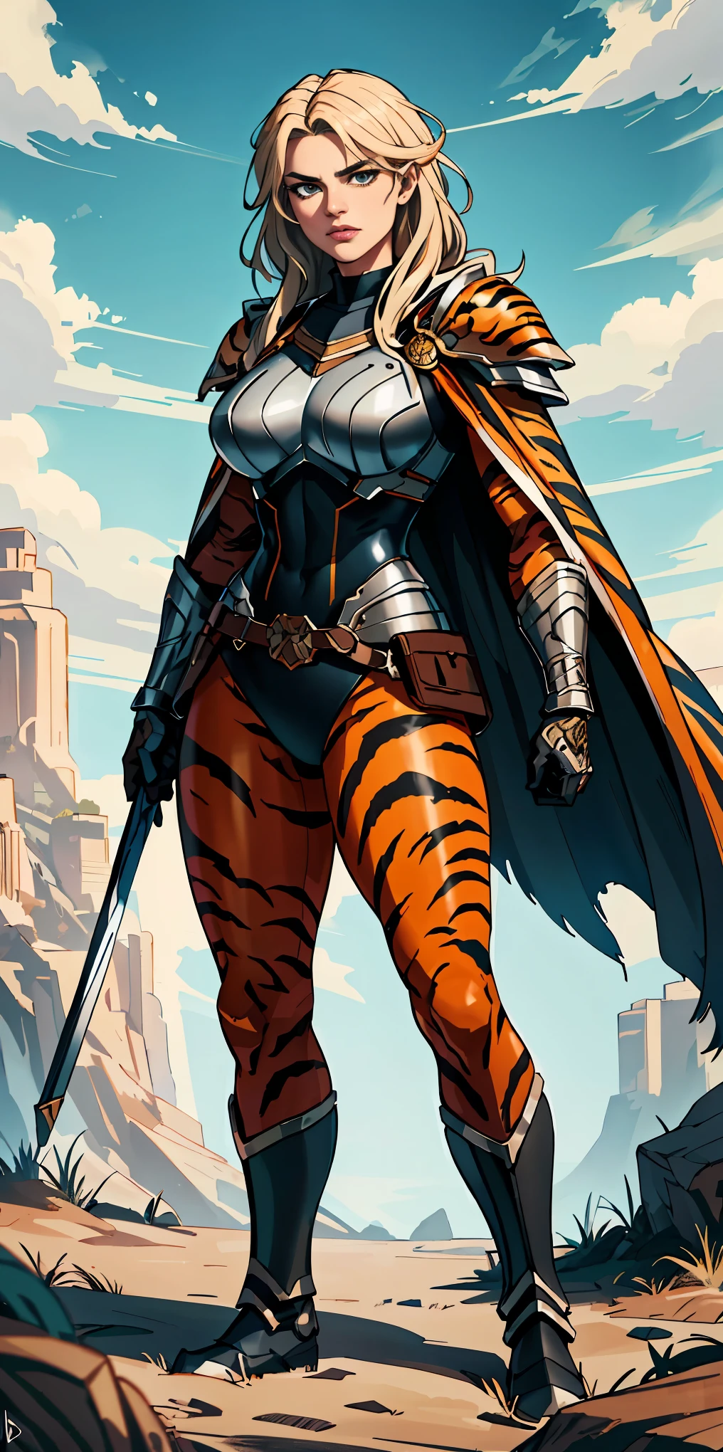 1 Girl (implying one person, likely female)
Full Body: Standing with perfect symmetry
Muscular Build: Strong and defined physique
Turned Arms: Muscular arms positioned behind her back
Theme:
Epic Fantasy: Set in a fantastical world
Asgard: Inspired by Norse mythology (can be subtle or more prominent)
Valkyrie/Lady Knight: Combining elements of a fierce warrior and noble protector
A motif incorporated into her armor, clothing, or environment (tiger stripes, or a tiger pelt cloak)
Visual Style:
Hyper Realistic: Incredibly lifelike detail
Masterpiece: Exceptional quality
8K Resolution: Sharp and high definition
Detailed Drawing: Intricate and richly textured
Superior Quality: The best possible rendering
Epic Composition: Dramatic and visually stunning