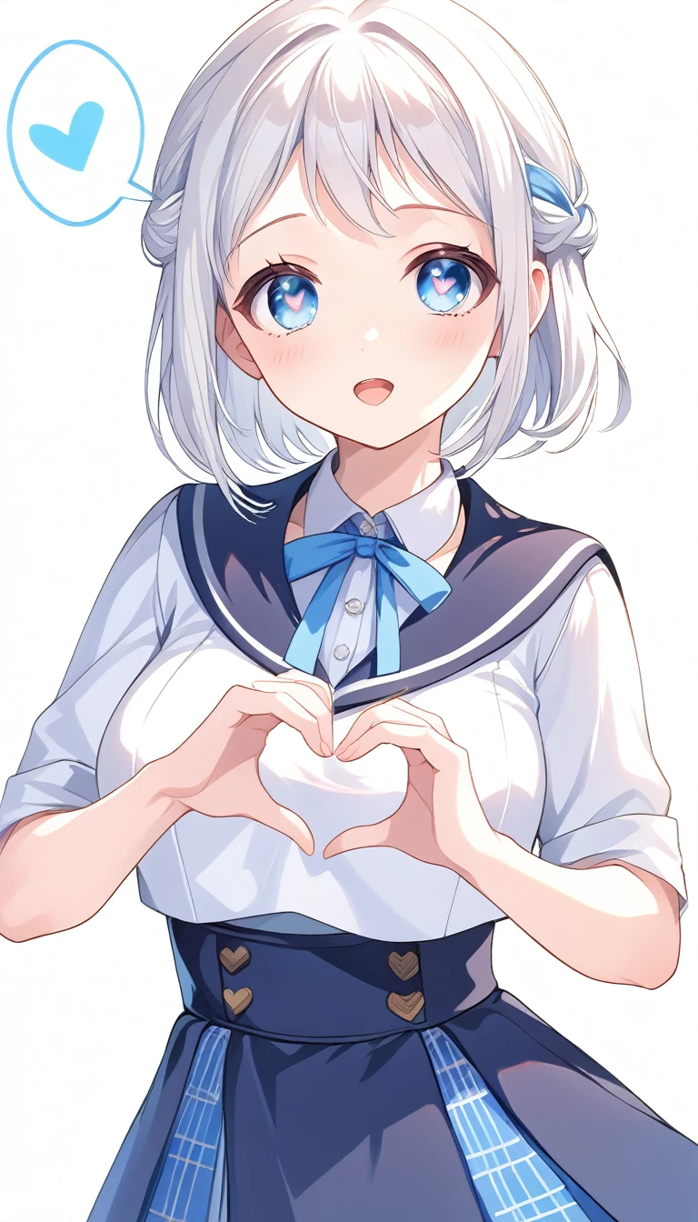 16k,score_9, score_8_up, score_7_up, source_anime, rating_safe,super detailed , katsuragi lilja,blue eyes,white hair,short hair,braid,,sailor collar,neck ribbon, white shirt,layered skirt,high-waist skirt, (heart eyes),(heart in eyes), heart hands,spoken heart,open mouth,dutch angle,big breast ,blush,beautiful face,beautiful eyes,details eyes,white background