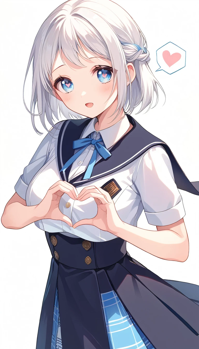 16k,score_9, score_8_up, score_7_up, source_anime, rating_safe,super detailed , katsuragi lilja,blue eyes,white hair,short hair,braid,,sailor collar,neck ribbon, white shirt,layered skirt,high-waist skirt, (heart eyes),(heart in eyes), heart hands,spoken heart,open mouth,dutch angle,big breast ,blush,beautiful face,beautiful eyes,details eyes,white background