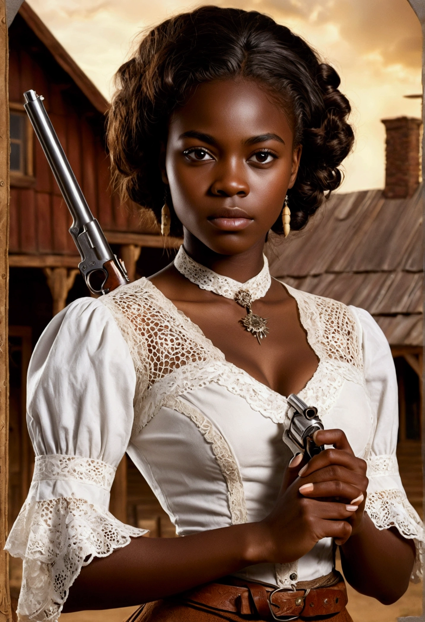 creative western film cover with a young African woman, darkskin, western film character, Sexy girl with brown eyes, ultra realist, meticulously detailed, wearing period clothes with white lace. she is holding a winchester. The image is an old western film cover