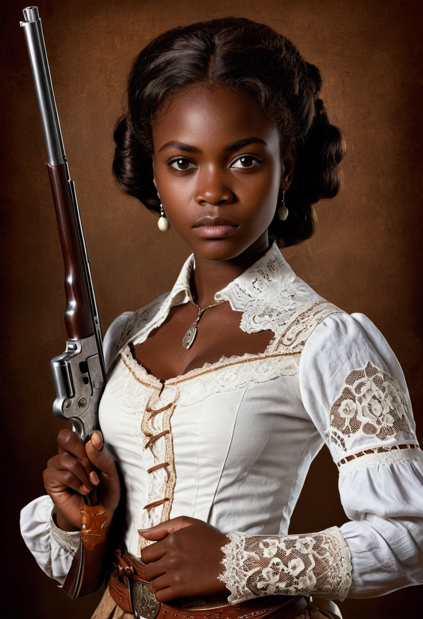 creative western film cover with a young African woman, darkskin, western film character, Sexy girl with brown eyes, ultra realist, meticulously detailed, wearing period clothes with white lace. she is holding a winchester. The image is an old western film cover