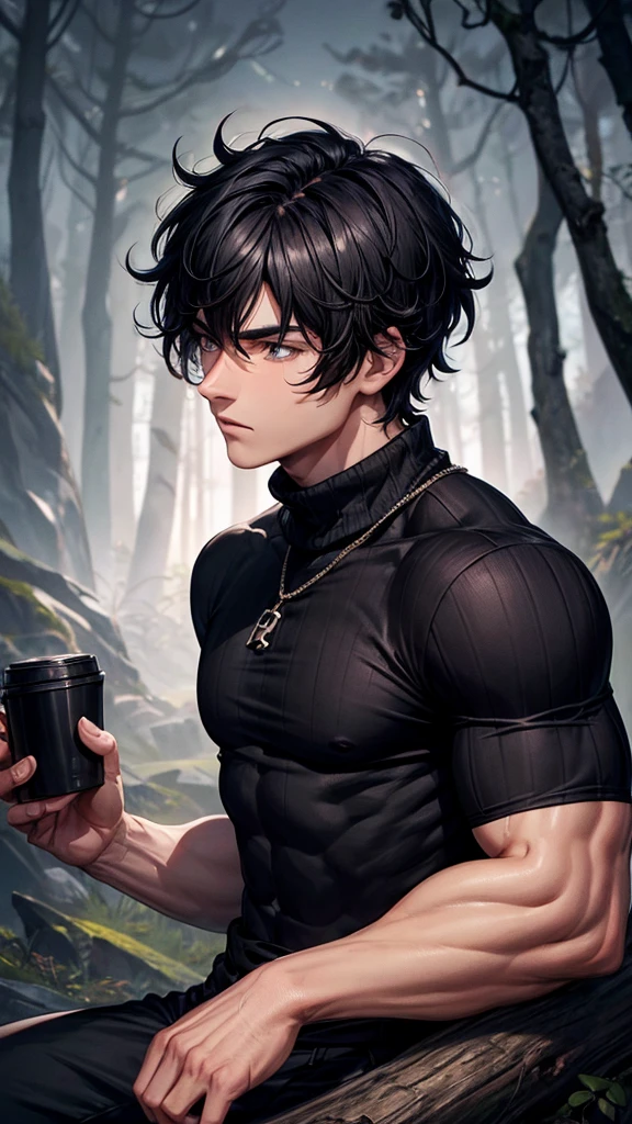 *Black shaggy-haired boy, muscular and black eyes, white-skinned and expensive would be, A pretty face, black sweater, with forest landscape at night*