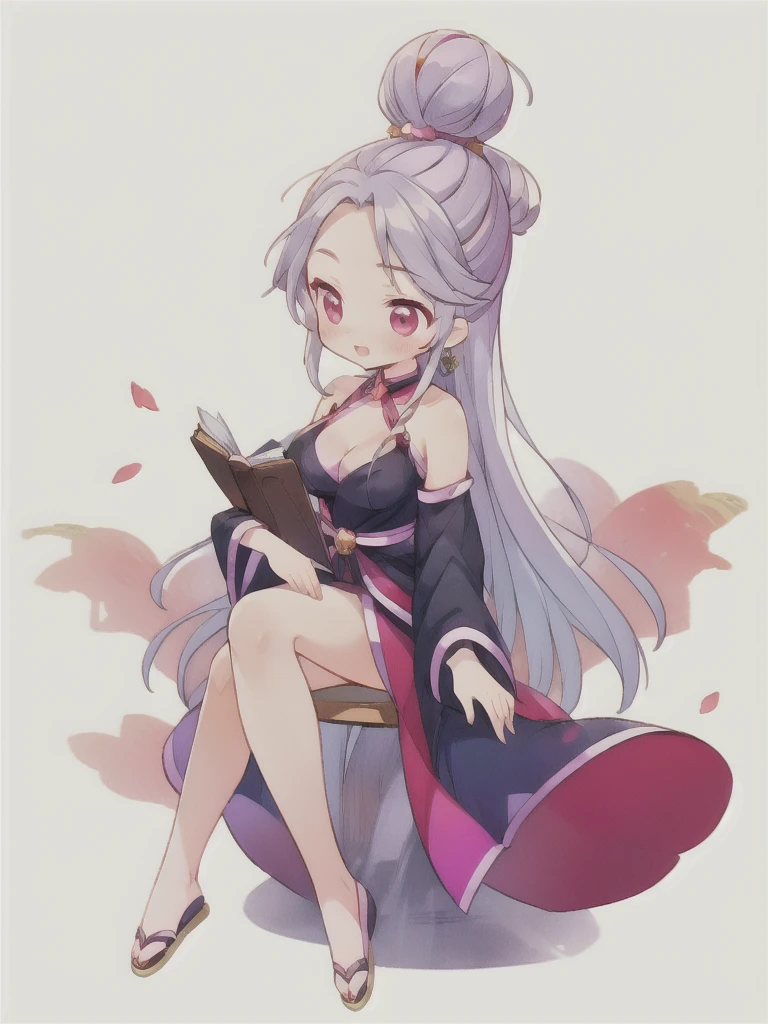 best quality, ((Cute light-skinned baby)),chibi anime,chibi, Long white hair,Shouhui,cute,Pink purple eyes,1girl, ((reading a book)),bare shoulders,(black long sleeves),big breast,cleavage,sit on the chair,Drink tea,teapot,Trees,Bright colors,Left bun,Gorgeous background,Cherry blossoms,Falling petals, sash,halterneck,Sling with falling pink petals,White long skirt,revel,Long skirt,Silver pattern,1girl,Bare legs,big breast,cleavage,Bright colors,Black edge line,White background,jewelry,Jewelry