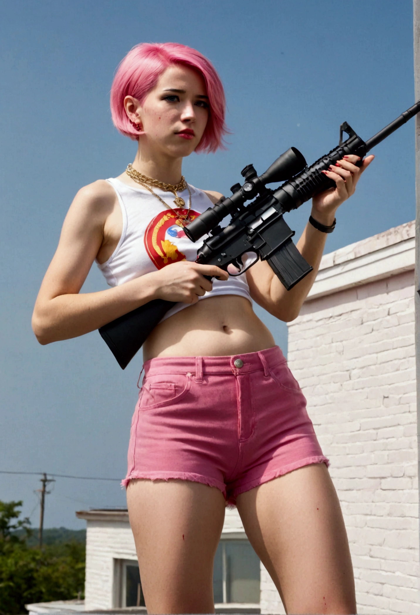 (a 20 year old femboy, short haircut, communist necklace, Joe Biden TShirt, pink panties showing over low rider pants, Sniper rifle) has been shot dead on a white roof, multiple bloody gunshots, blood pools around
