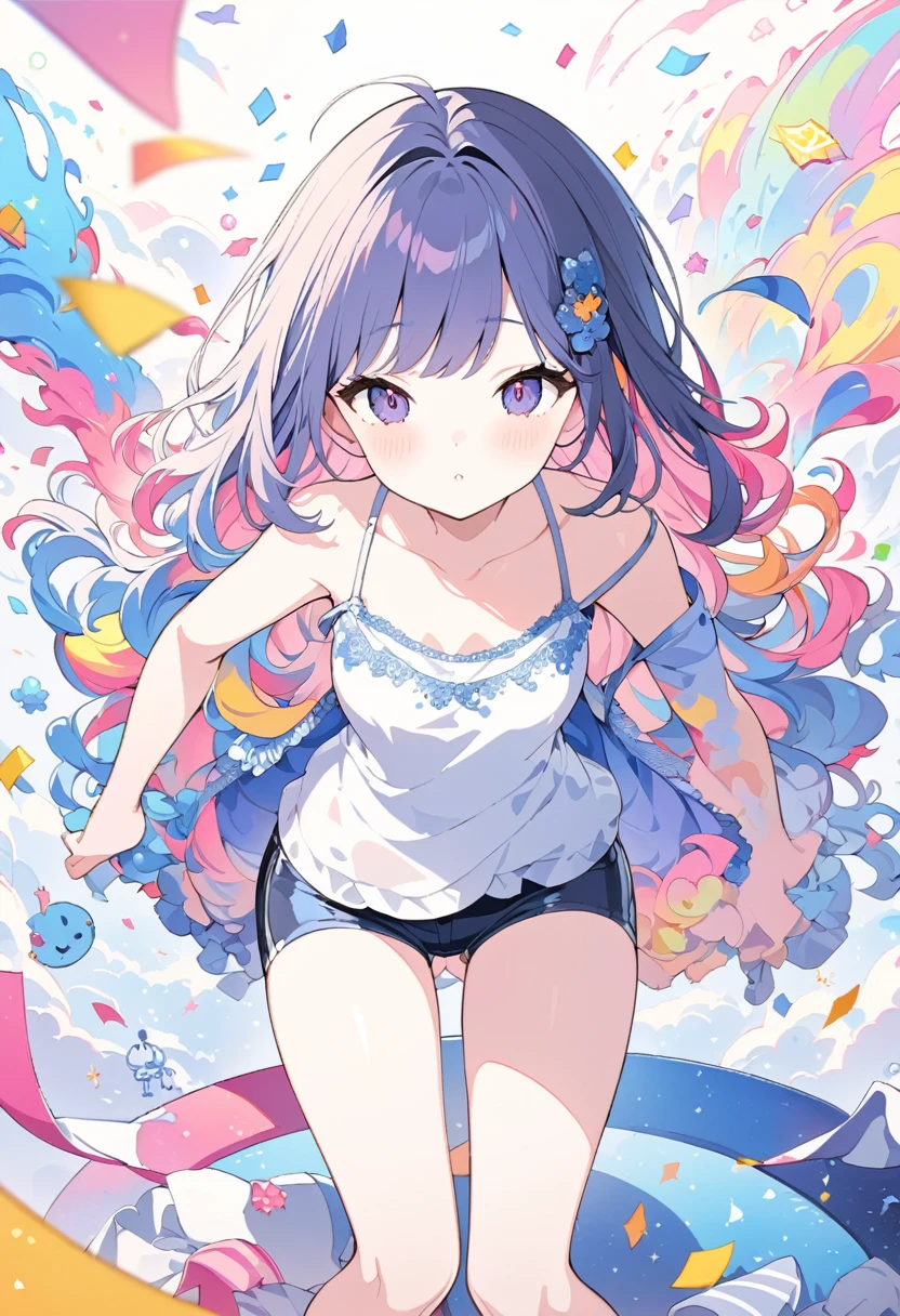 Momoko Sakura Style、8K quality、Intense watercolor,, Watercolor splash, Surreal, Avant-garde pop art, Beautiful and expressive paintings, Beautiful artwork illustration, Very colorful tones, wonderful, Cool Beauty, Highest quality、Official Art, Vector art, Stylish design, (((The most beautiful girl))), (Confetti),((Thin legs))、(((Highest quality))), High resolution, ((detailed)), (((Doodle Art)), ((masterpiece)), ((Super detailed)),(((camisole,hot pants))),,(Sexual)