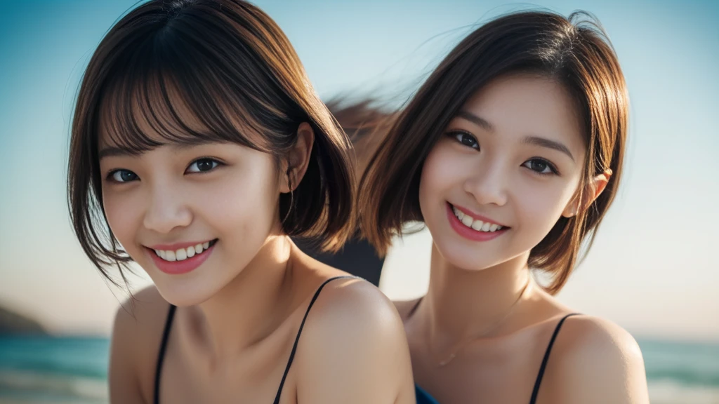 ((Photorealistic lighting, highest quality, 8k, masterpiece:1.3)), sharp focus:1.2, viewer discretion advised (New South Wales) (New South Wales) (New South Wales):1.2, ((realistic)), ((genuine light, highest quality)), model physique:1.4, (dark brown hair, chest out:1.2), short hair, single subject, setting, (25 years old:1.3), very detailed face, detailed eyes, double eyelids, necklace, wristband, eyeliner, colorful bikini, a situation that makes men’s hearts race, (large), (black dress), (seaside, beach, sandy shore)