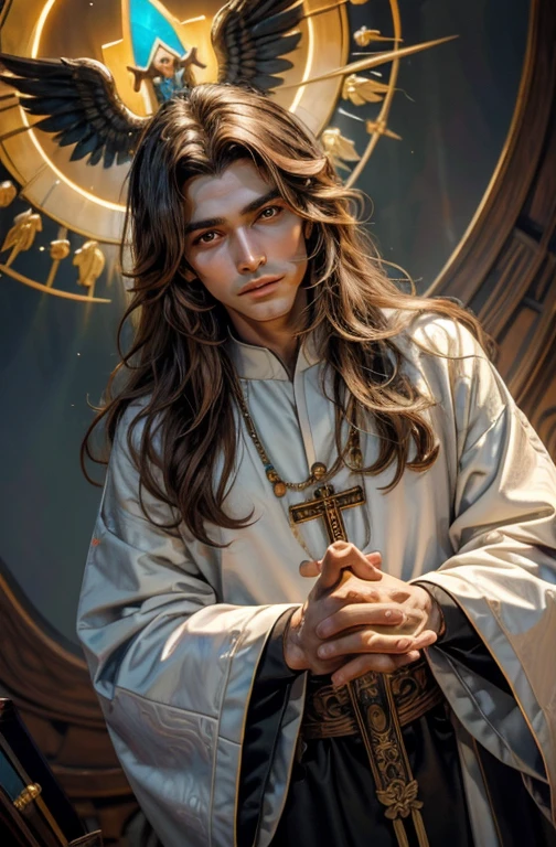 Brown long-haired handsome Symmetrical featured Male Priest with a knack for painting, spreading love and peace. Brown long-haired handsome Symmetrical featured Male Priest with the religious iconography of a bird with a rainbow feathered tail. This priest has a knack for painting, spreading love and peace
