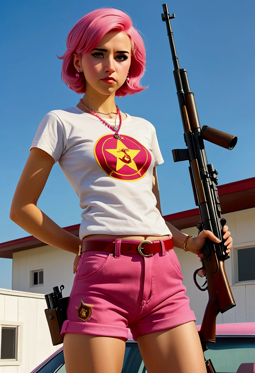 (a 20 year old femboy, short haircut, communist necklace, Joe Biden TShirt, pink panties showing over low rider pants, Sniper rifle) has been shot dead on a white roof, multiple bloody gunshots, blood pools around