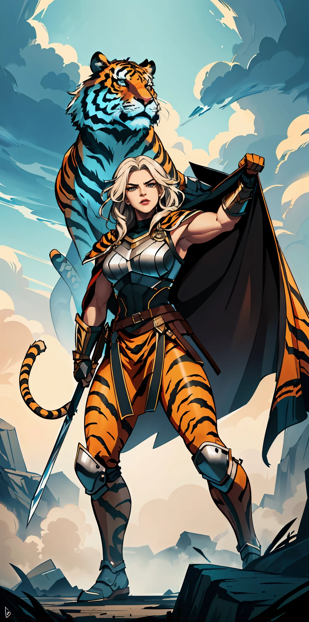 1 Girl (implying one person, likely female)
Full Body: Standing with perfect symmetry
Muscular Build: Strong and defined physique
Turned Arms: Muscular arms positioned behind her back
Theme:
Epic Fantasy: Set in a fantastical world
Asgard: Inspired by Norse mythology (can be subtle or more prominent)
Valkyrie/Lady Knight: Combining elements of a fierce warrior and noble protector
A motif incorporated into her armor, clothing, or environment (tiger stripes, or a tiger pelt cloak)
Visual Style:
Hyper Realistic: Incredibly lifelike detail
Masterpiece: Exceptional quality
8K Resolution: Sharp and high definition
Detailed Drawing: Intricate and richly textured
Superior Quality: The best possible rendering
Epic Composition: Dramatic and visually stunning