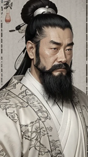 （Ink painting）、Oriental、Ancient Chinese Man、Ancient Chinese hairstyle man、Highest quality、masterpiece、Ultra-high resolution、(Realistic:1.4)、Game Poster、Crisp and beautiful image quality、Beard、Embroidered cloth wrapped around a topknot、