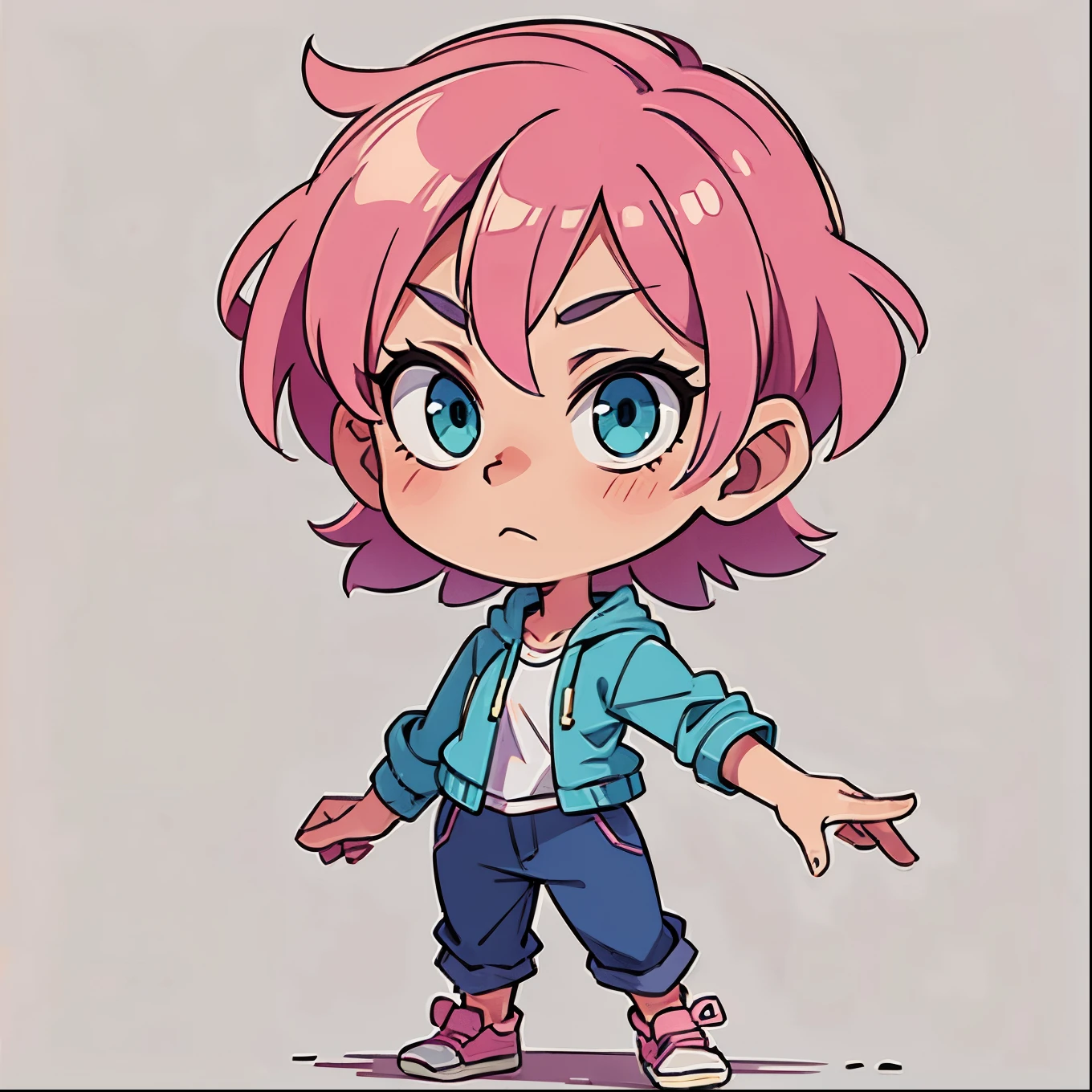 Cool and stylish expression、Pink hair、short hair、Blue-green eyes、Simple clothes