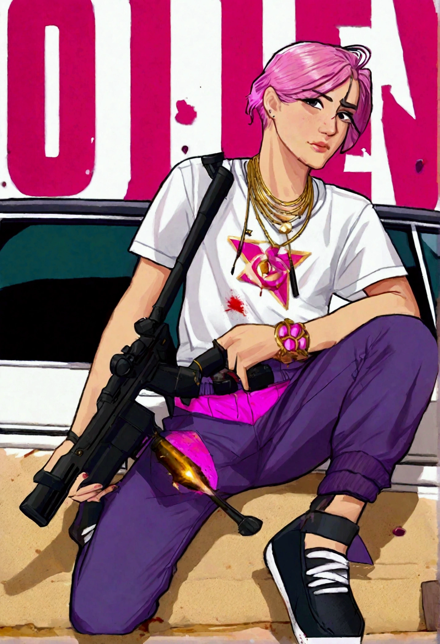 (a 20 year old femboy, short haircut, communist necklace, Joe Biden TShirt, pink panties showing over low rider pants, Sniper rifle) has been shot dead on a white roof, multiple bloody gunshots, blood pools around