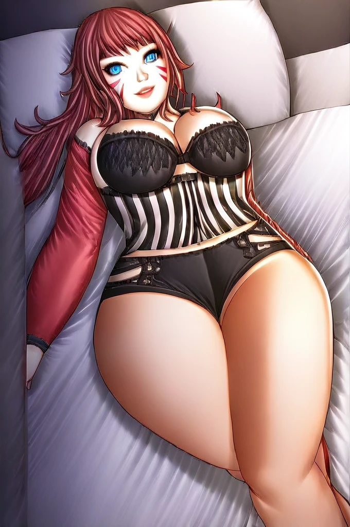 hentai image of a mature woman, lying on a bed with her legs wide open showing her pussy, wearing sensual lingerie, a choker, wearing white heels, realistic anatomy, big breasts, small waist, big hips, sensual legs, long red hair, blue eyes, red lips