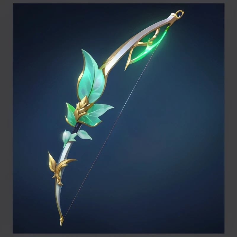 There is a bow,There is a leaf on it,There is a rope tied to it, magical longbow, longbow, Bow and Arrow手, Short bow, Magic Fishing Rod Weapon, Fantasy Scythe, hold mechanical Bow and Arrow, Bow and Arrow, Decorative bow, arrowed longbow, anime girl with a Bow and Arrow, Fantasy weapons, Holding a bow, glowing green soul blade