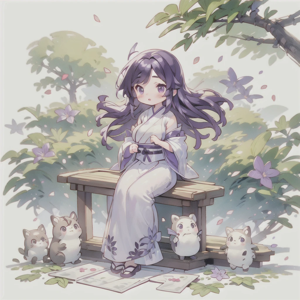 best quality, Cute light-skinned  chibi anime, Long purple hair，Shouhui,cute,Purple Eyes, Butterfly hair accessory on the right，White Hanfu，full body,((独奏)),Long skirt，big breast,Bare legs，White background,Falling petals，My Neighbor Totoro，My Neighbor Totoro Style, Kawaii Design,(((many friends))),more than 10 friends，Bright colors
