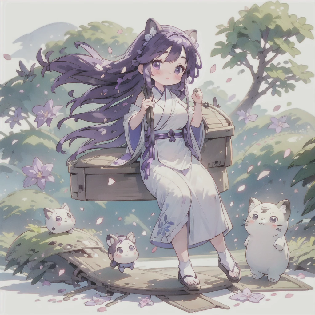 best quality, Cute light-skinned baby chibi anime, Long purple hair，Shouhui,cute,Purple Eyes, Butterfly hair accessory on the right，White Hanfu，full body,((独奏)),Long skirt，big breast,Bare legs，White background,Falling petals，My Neighbor Totoro，My Neighbor Totoro Style, Kawaii Design,(((many friends))),more than 10 friends，Bright colors