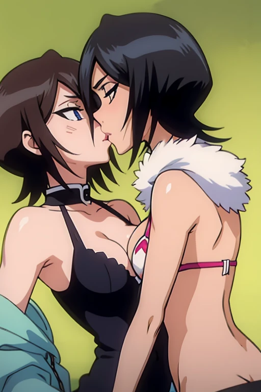 two lesbians share a kiss, tits