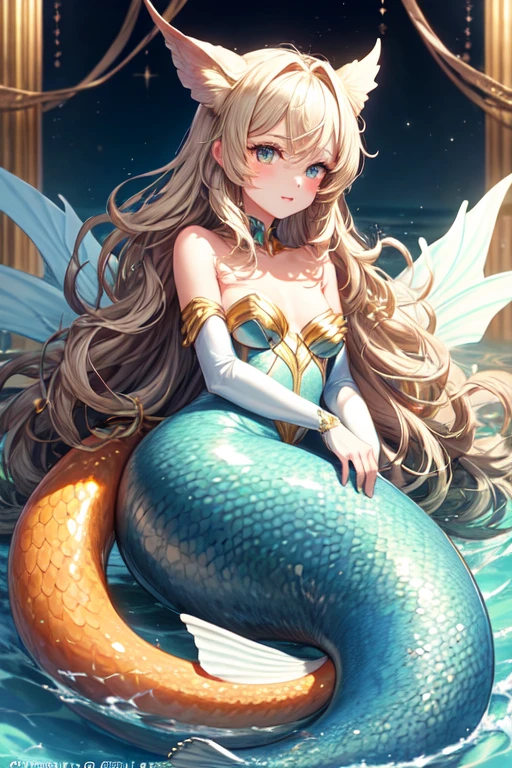 ((Best Quality)), ((Masterpiece)), (detailed)), 1 A femboy mermaid with an elegant tail in gold and black tones, with shiny scales that reflect light. Her hair is long and flowing, also in gold and black colors, falling in soft waves. It has a pale and delicate complexion that contrasts with the colors of its tail and hair.. His eyes are large and expressive, in a deep amber tone. It has subtle marine decorations, like shells and pearls. The expression on his face is charming and curious.