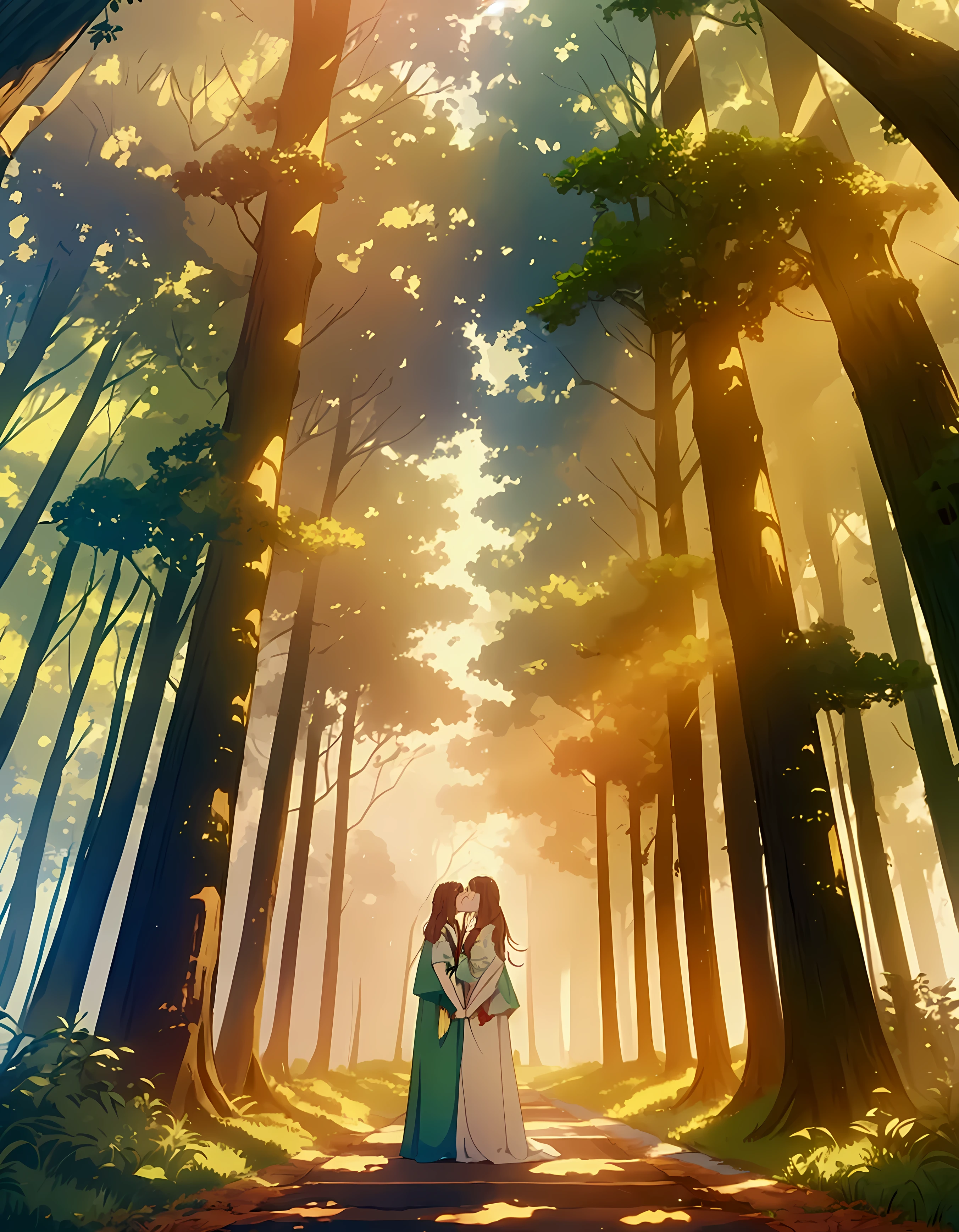Create an image of a lush forest filled with tall, imposing trees. The leaves of these trees are luminous, emitting a soft, ethereal glow that lights the path through the forest. The night sky above is dotted with twinkling stars, adding an extra layer of magic to the scene. The overall atmosphere should be serene and peaceful, convidando o observador a se perder na beleza do momento.