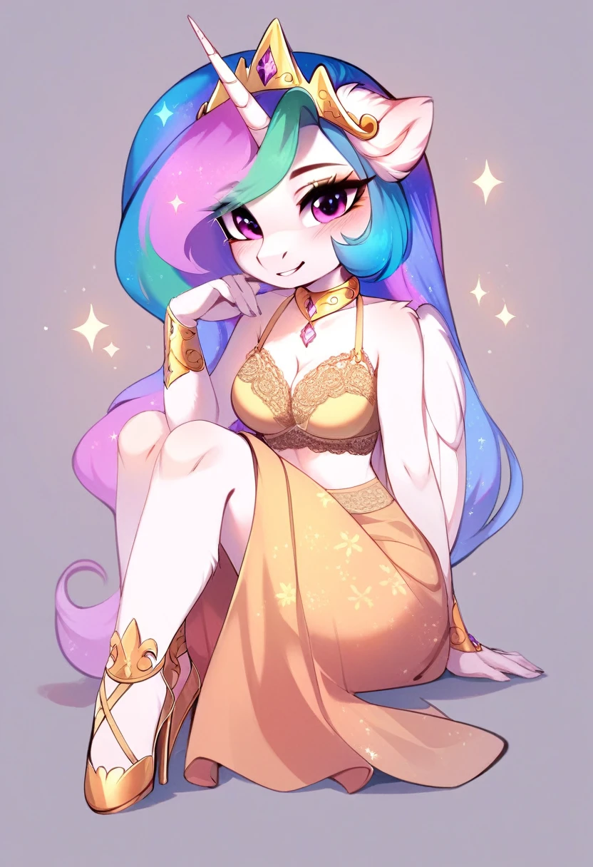 check_9, check_8_up, check_7_up, source_fluffy, rating_safe, from Magnaluna, Celestia poses seductively in a white bedroom, pink eyes, white body, anthro, blushing, wearing tight golden lingerie skirt, full body