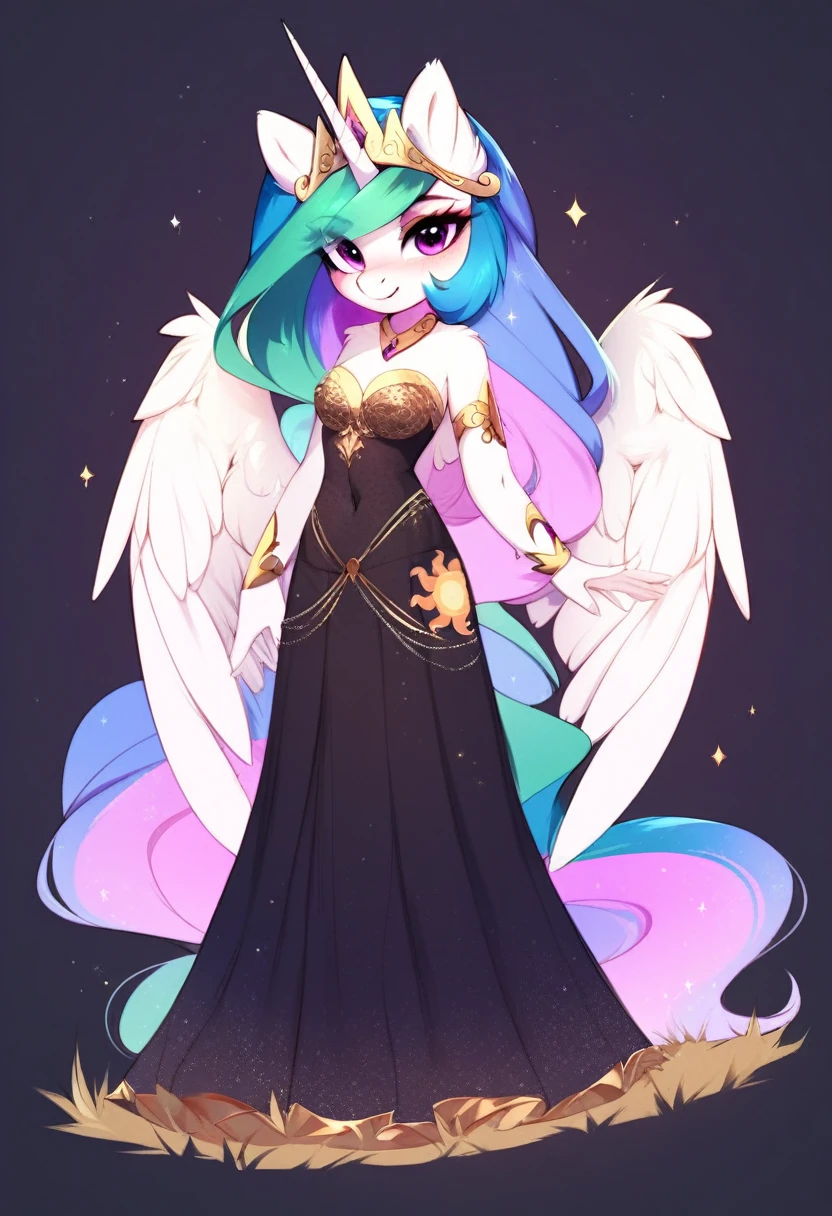 check_9, check_8_up, check_7_up, source_fluffy, rating_safe, from Magnaluna, Celestia poses seductively in a white bedroom, pink eyes, white body, anthro, blushing, wearing tight golden lingerie skirt, full body