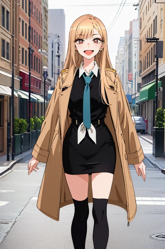 Marin Kitagawa,(best quality:1.6, highres), (beautiful detailed eyes:1.2), elevated, high-quality, beautiful face, 1 girl, leather pencil skirt, oversized leather jacket, blackbird, long hair, wide hips, landscape beautification, street, background, detailed background, sinister smile, angled laughter, long coat, blouse, tie, office woman, mature