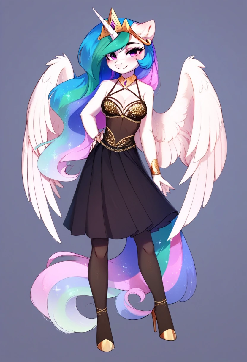 check_9, check_8_up, check_7_up, source_fluffy, rating_safe, from Magnaluna, Celestia poses seductively in a white bedroom, pink eyes, white body, anthro, blushing, wearing tight golden lingerie skirt, full body