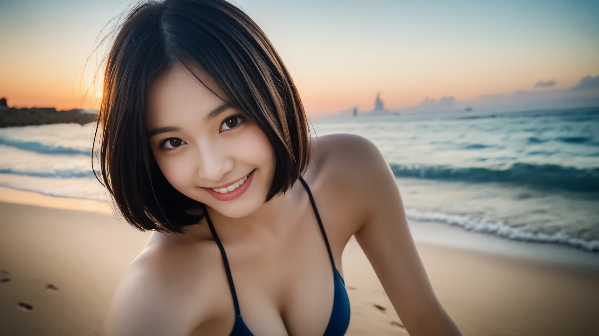 8K, highest quality, masterpiece, realistic, ultra-detailed, photo-realistic, hyper-realistic, smoother lighting, enhanced cinematic lighting quality, realistic lighting, backlight, bright light, improved quality, highest quality real texture skin, beautiful beach, sexy pose by the seaside, close-up, slender, cute face, smiling, beautifully detailed eyes, 19 years old, cute, black short hair, wearing a colorful bikini,