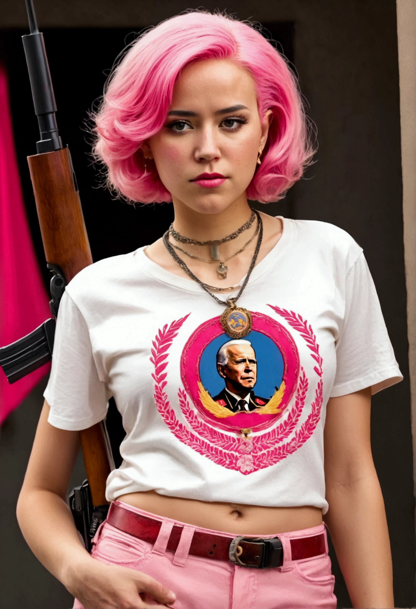 (a 20 year old femboy, short haircut, communist necklace, Joe Biden TShirt, pink panties showing over low rider pants, Sniper rifle) has been shot dead on a white roof, multiple bloody gunshots, blood pools around