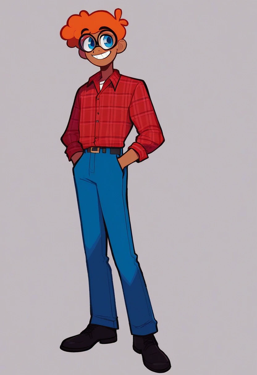 jonathan, solo, smile, orange hair, shirt, 1boy, standing, full body, male focus, buck teeth, collared shirt, pants, grin, red shirt, blue pants, big red plaid shirt six red freckles, black glasses with circular lenses, blue eyes, orange flat top, black shoes, semi dark skin, long sleeves