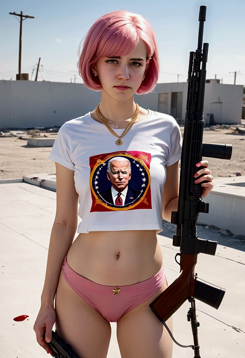 (a 20 year old femboy, short haircut, communist necklace, Joe Biden TShirt, pink panties showing over low rider pants, Sniper rifle) has been shot dead on a white roof, multiple bloody gunshots, blood pools around