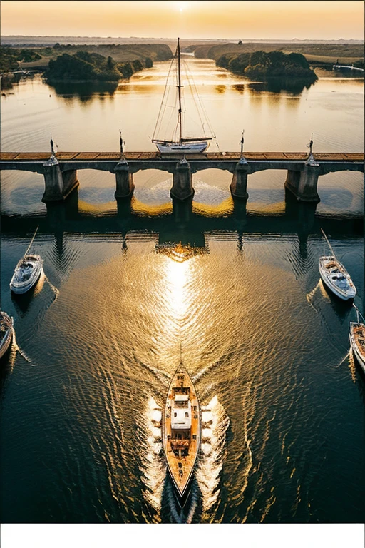 landscape, top view, a boat sails under the bridge, morning dawn, gold-brown orange and beige,mother-of-peal, realistic, ultra-sharp, highly-detailed.