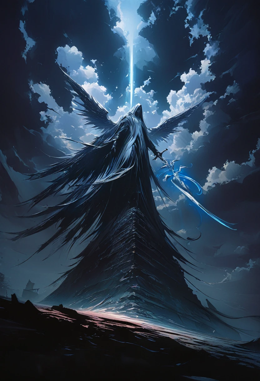 (masterpiece, best quality: 1.2), Underground Angel, Folding wings, Holding a blue silver cross, moonlight, partly cloudy, Dark fantasy illustration style, Dark Arts, High contrast, Dark Shadows, Atmospheric perspective , Melancholic colors, work, Volumetric Lighting, number, Brushstrokes, Dramatic Lighting, Low Angle, Surrealism, Very detailed, Surrealism