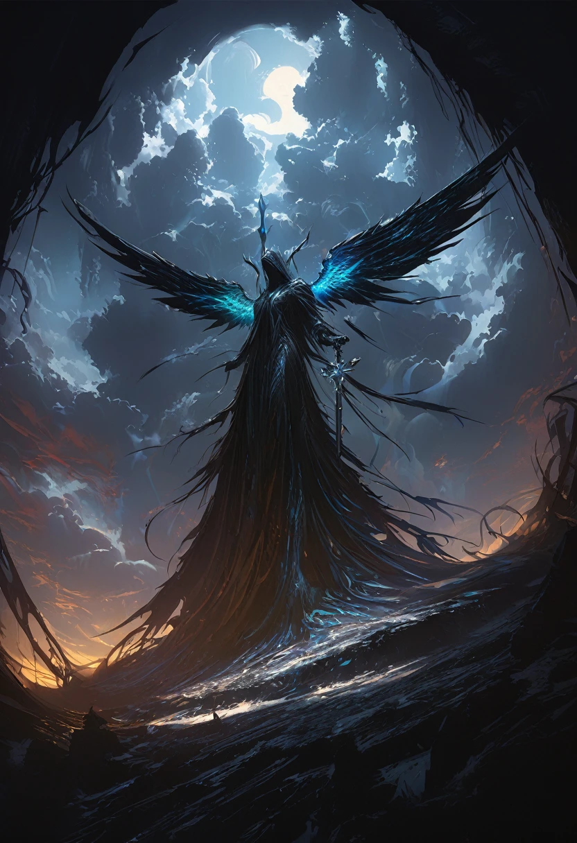 (masterpiece, best quality: 1.2), Underground Angel, Folding wings, Holding a blue silver cross, moonlight, partly cloudy, Dark fantasy illustration style, Dark Arts, High contrast, Dark Shadows, Atmospheric perspective , Melancholic colors, work, Volumetric Lighting, number, Brushstrokes, Dramatic Lighting, Low Angle, Surrealism, Very detailed, Surrealism