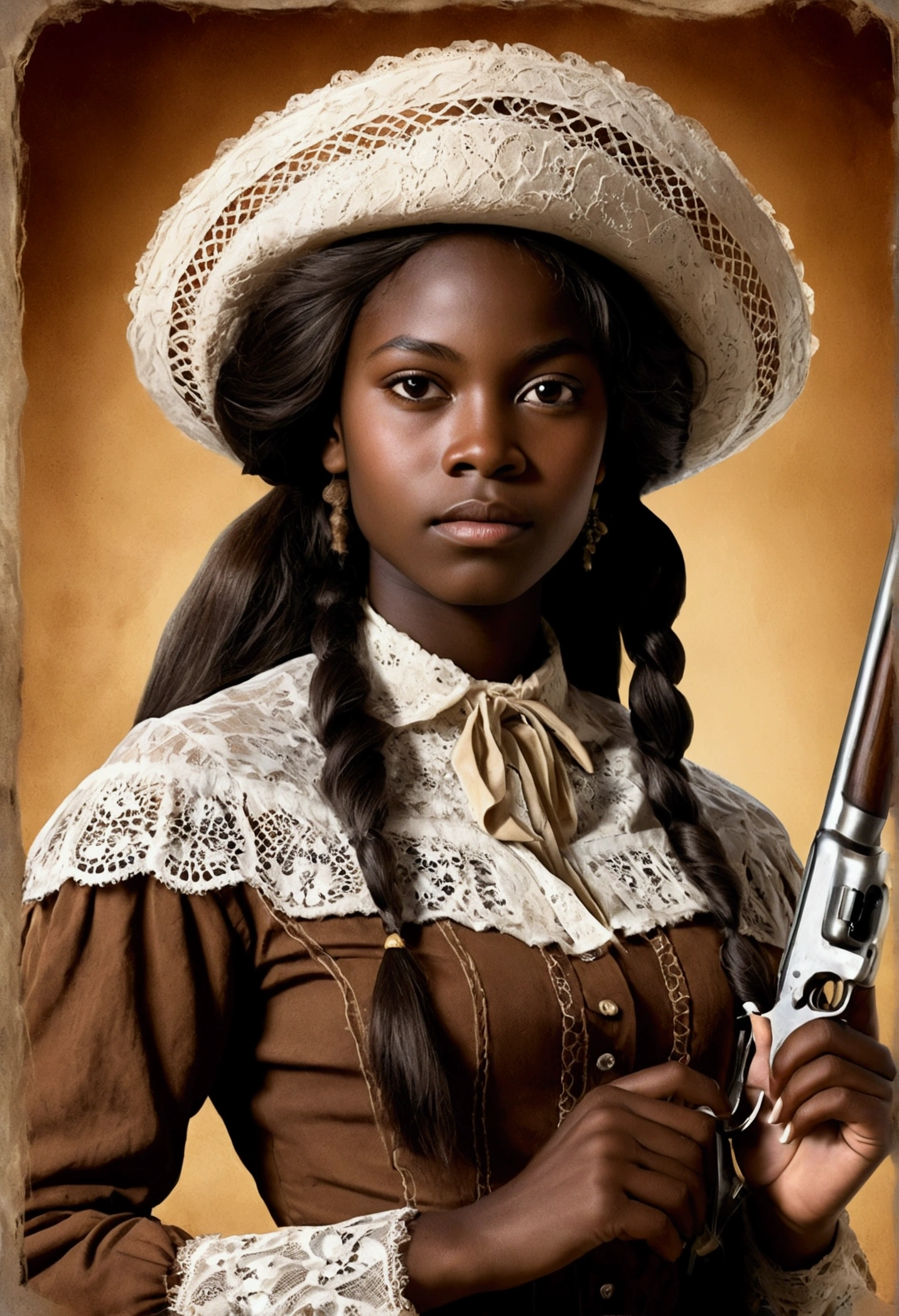 creative western film cover style old photograph with a young African woman, long hair, darkskin, western film character, Sexy girl with brown eyes, ultra realist, meticulously detailed, wearing period clothes with white lace. she is holding a winchester. The image is an old western film cover
