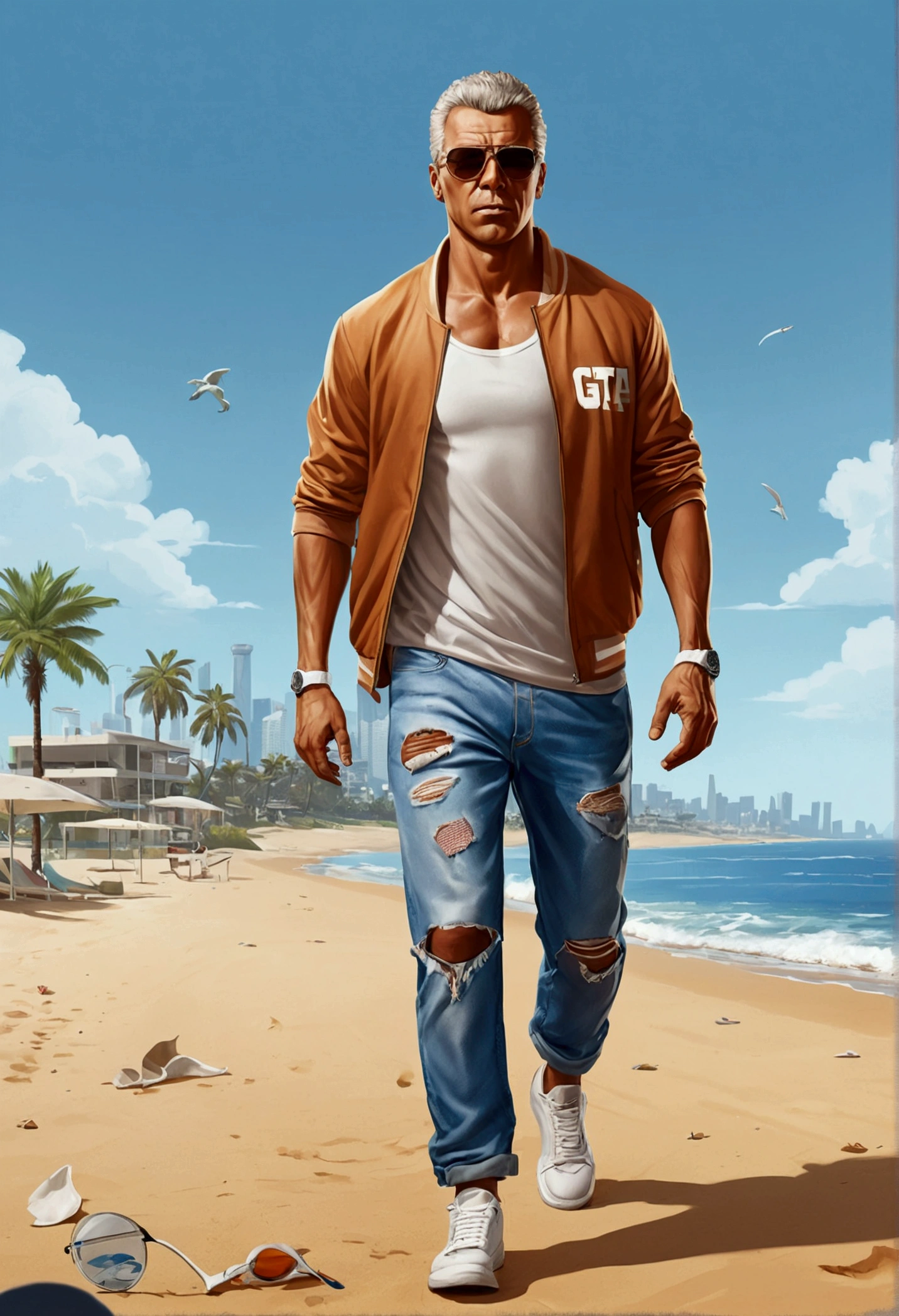 work of art, best qualityer, skin tanned, looking a viewer, sports clothes, perneiras, walking on the beach , tennis, Simple background with logo, From the bottom, BROKEN SUNGLASSES , torn jeans, gta style