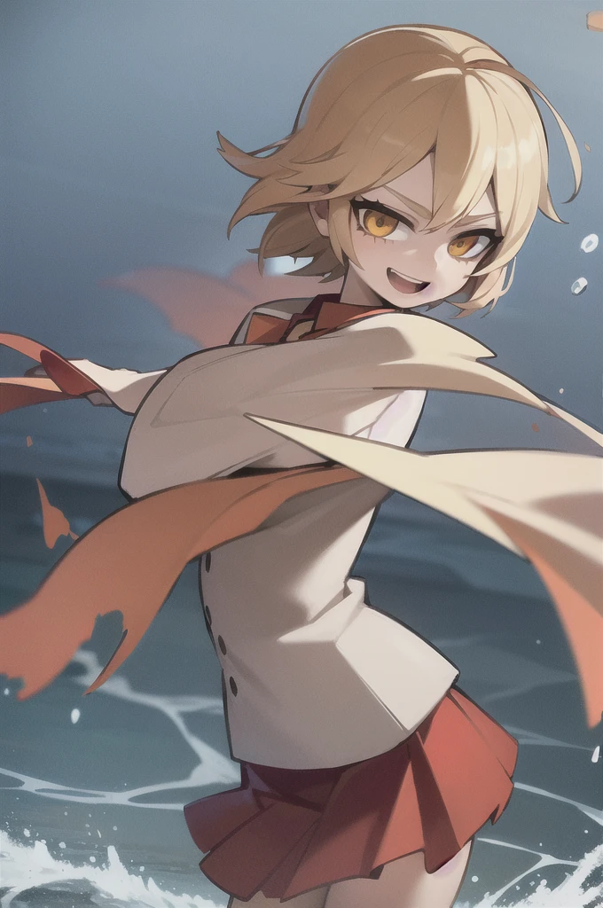 ((masterpiece, best quality)), (1girl), (solo), (female focus), (ahoge, blonde hair, short hair), fire eyes, light smile, open mouth, ((torn skirt), (( red skirt)), standing, water background, arms behind back, dynamic angle