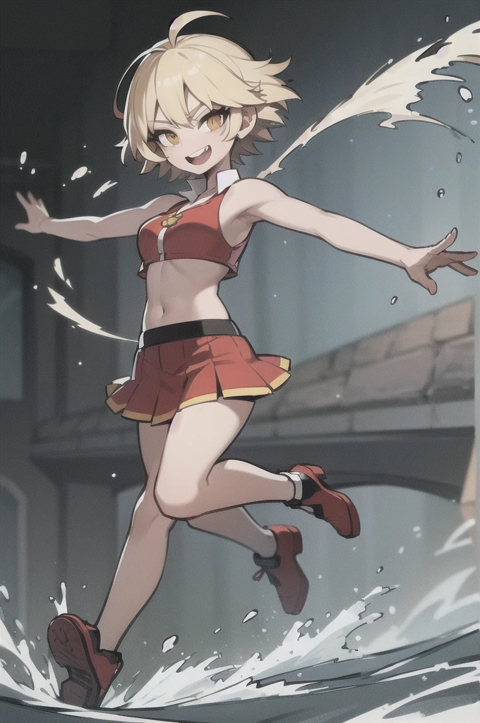 ((masterpiece, best quality)), (1girl), (solo), (female focus), (ahoge, blonde hair, short hair), fire eyes, light smile, open mouth, ((torn skirt), (( red skirt)), standing, water background, arms behind back, dynamic angle