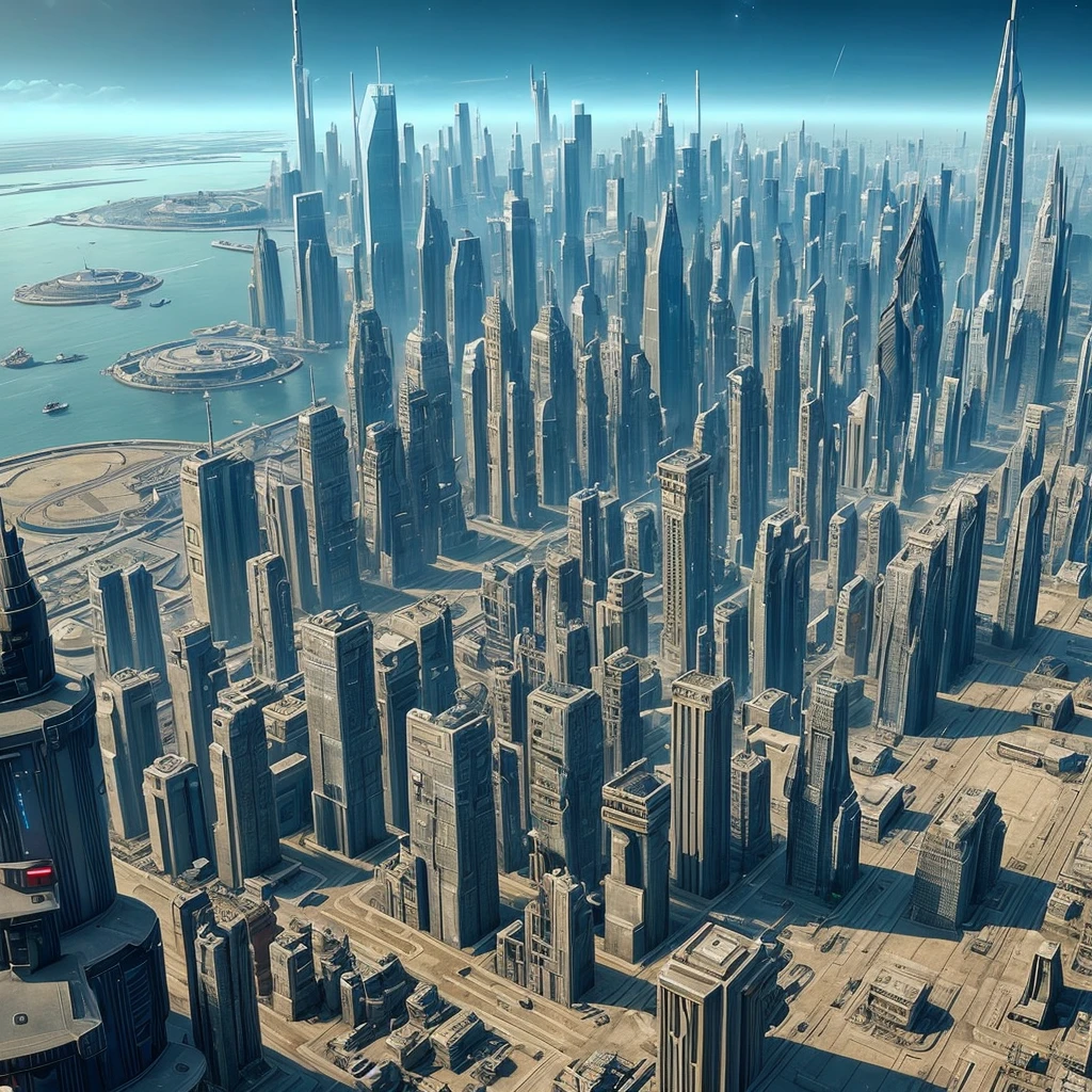 Take a photograph of a city where all the races of the universe meet called Coruscant.. It is a city that serves as the political center, cultural and financial of the galaxy, and is the headquarters of the Galactic Republic and the Galactic Empire. it&#39;s getting dark in the city add people